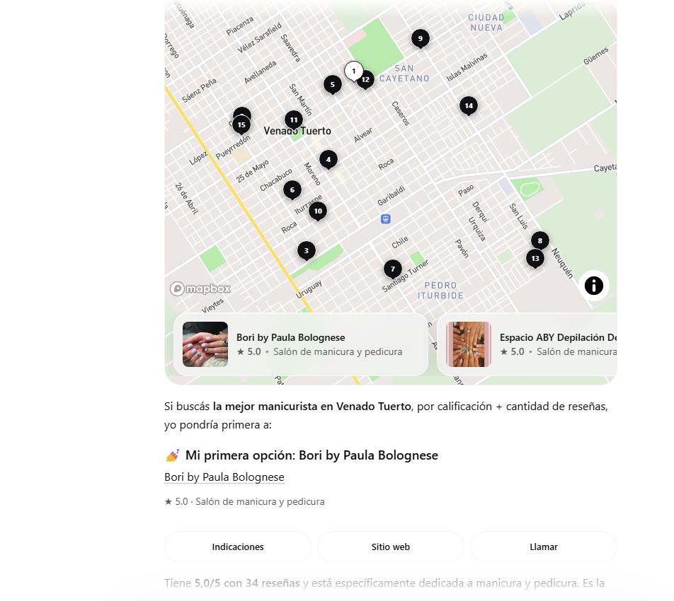 ChatGPT recomienda a Bori by Paula Bolognese como primera opción: 5,0 estrellas con 34 reseñas en Google